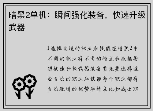暗黑2单机：瞬间强化装备，快速升级武器